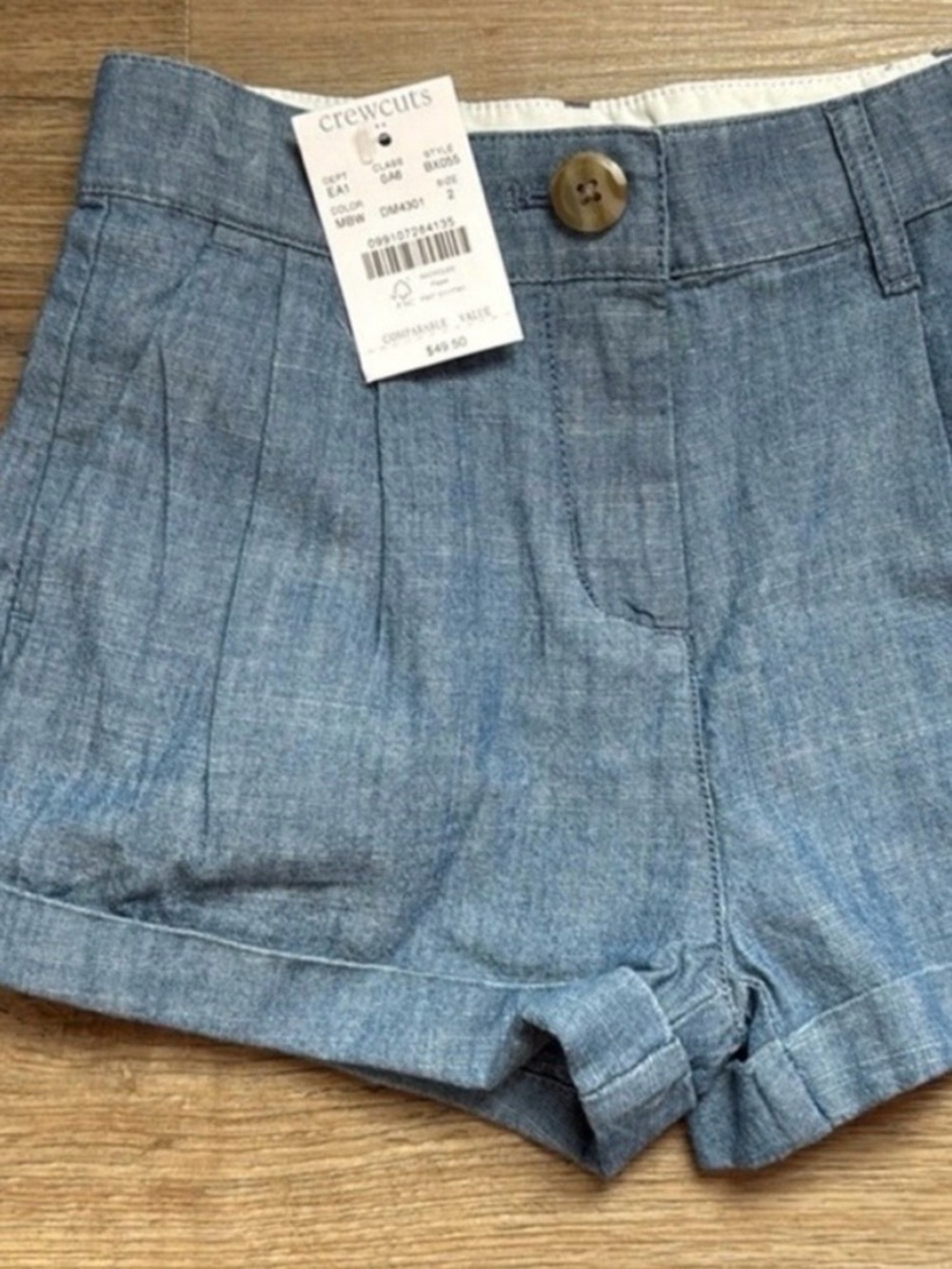 Crewcuts J.Crew Girls Pleated Chambray Shorts Size 2 NWT Cuffed Light Blue
